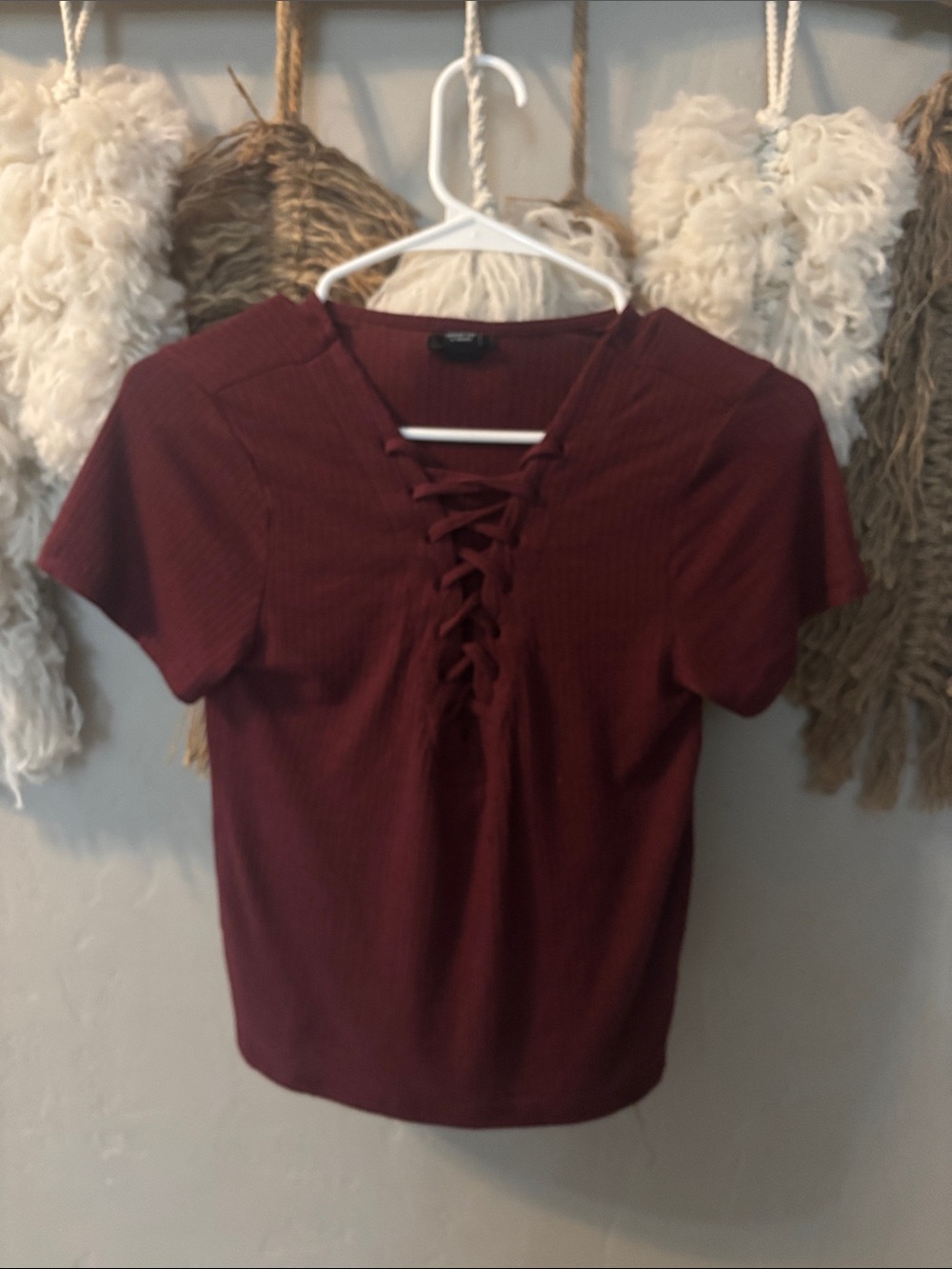 Lace-Up Short Sleeve Top - Burgundy